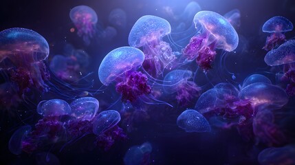 A School of Jellyfish in Bioluminescent Water