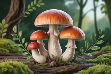Fototapeta premium Magical forest mushrooms with vibrant orange caps surrounded by moss and foliage