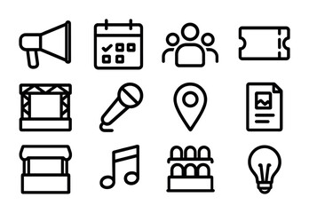 Event Icons Grid. Outline icon set of grassroots event organization: megaphone, calendar, group icon, ticket,
