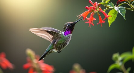 Fototapeta premium Colorful Hummingbird Feeding on Red Flower in Natural Garden Scene