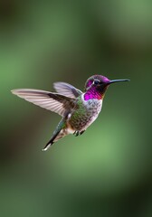 Fototapeta premium Colorful Hummingbird Flying in Natural Green Background