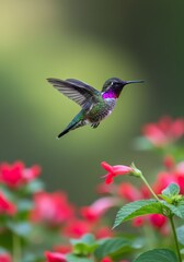 Fototapeta premium Colorful Hummingbird Flying Near Bright Pink Flowers in Garden