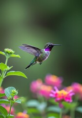 Fototapeta premium Colorful Hummingbird Hovering Near Pink and Green Flowering Plants in Natural Environment