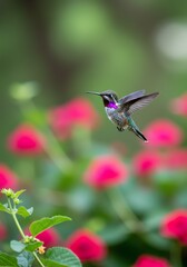 Fototapeta premium Hummingbird Hovering Near Pink Flowers in Bright Garden Scene