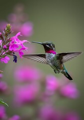 Fototapeta premium Colorful Hummingbird Hovering Near Pink Flower in Nature