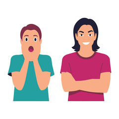Emotional Spectrum: Two figures embody contrasting emotional states—one in shock and the other radiating confidence, a study in the multifaceted nature of the human experience.