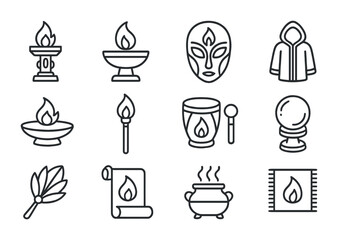 Fusion Ceremony Icons. Outline icon set of fusion flame ceremonies: reactor totem, flame bowl, ceremonial mask