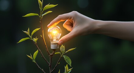 Hand Placing Light Bulb Inside Young Tree Branch with Green Leaves in Natural Outdoor Setting