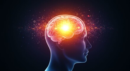 Fototapeta premium Digital Illustration of Human Brain with Bright Light and Abstract Elements in Head