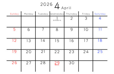 2026年4月　シンプルカレンダー　曜日英語版