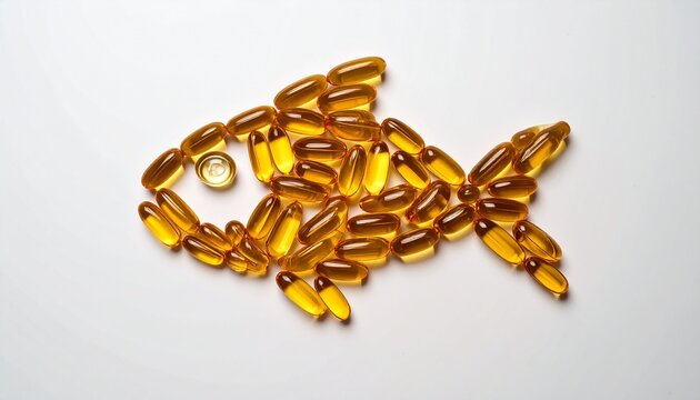 Omega 3 or fish oil capsules in the shape of a fish.
