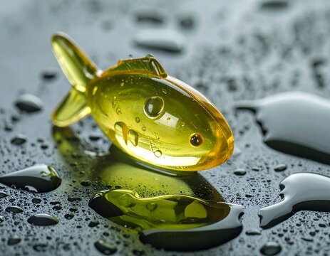 Omega 3 capsule in the shape of a fish on a wet surface.
