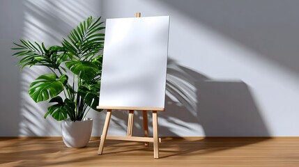 Blank canvas on an easel with plant decor in a minimal workspace.