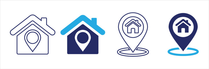 Modern home location pin icon set. showing outlin and fill house and map pointer in flat vector style, perfect for real estate, navigation, property search, and location services design.