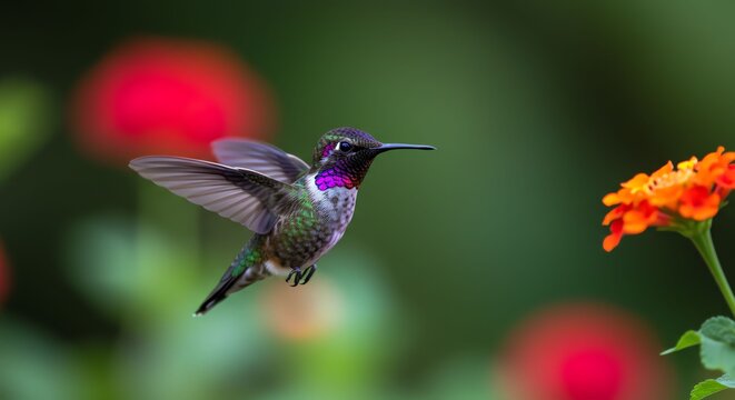 Colorful Hummingbird Hovering Near Bright Orange Flower in Natural Garden Scene