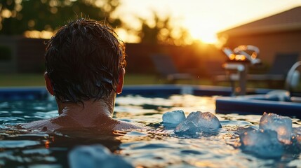 Therapy station cold plunge setup featuring male in refreshing ice bath with cubes floating on water surface at golden hour