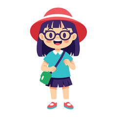 Joyful Schoolgirl's Expedition: A vibrant illustration showcasing a smiling schoolgirl, radiating the energy of youth and a readiness for exploration, with a stylish hat and a messenger bag.