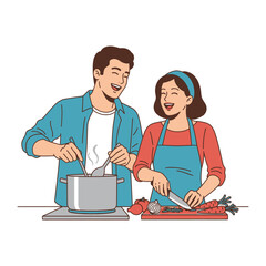 Culinary Co-creation: A cheerful couple share a heartwarming moment while preparing a meal, symbolizing love, health, and home. 