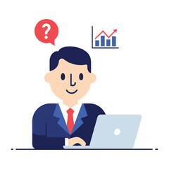 Business Decision-Making: A business professional ponders a strategic question, symbolized by a thought bubble, with a rising graph indicating progress.