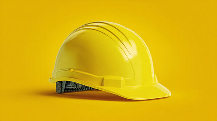 Fototapeta premium A yellow construction helmet on a yellow background with visible chin strap detail