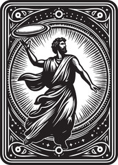 Artistic Black and White Illustration of a Classical Greek God Holding a Plate