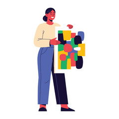 Artist's Artistic Vision: A smiling female artist confidently holds and presents her vibrant, geometric abstract artwork, radiating creativity and aesthetic passion.