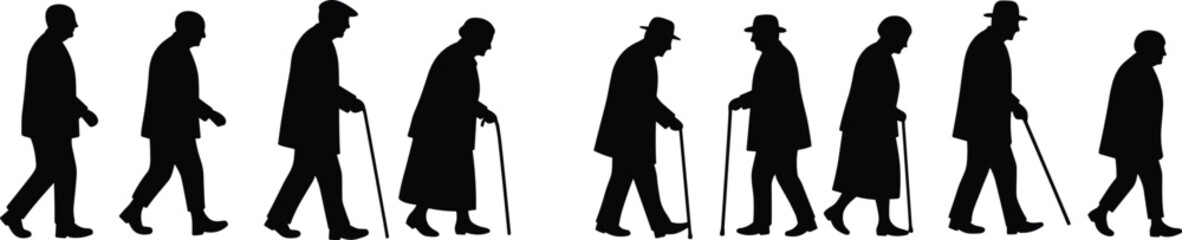 Aging process silhouette illustration, elderly people walking with cane, senior men and women, health decline, growing old concept, black vector art on white