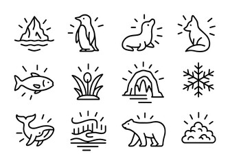 Fototapeta premium Arctic Bioluminescent Icons. Outline icon set of arctic bioluminescence: glowing iceberg, radiant penguin,