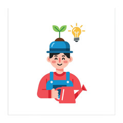 Cultivating Innovation: An illustrative image showing a man with a plant growing out of his hat holding a watering can alongside a lightbulb, symbolizing creativity, ideas.