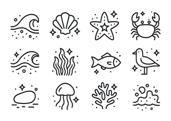 Fototapeta premium Coastal Glow Icons. Outline icon set of coastal glowscapes: glowing tide, radiant seashell, luminous starfish,