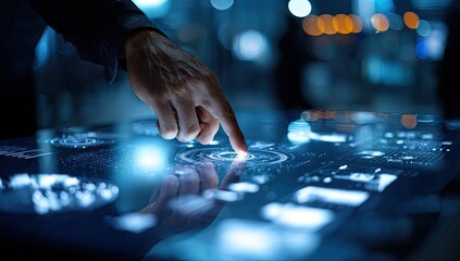 Finger interacting with a futuristic interactive touchscreen displaying data visualizations