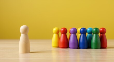 Colorful wooden figures symbolize diversity inclusion and standing out from the crowd