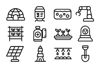 Martian Farm Icons. Outline icon set of Martian farms: red dome, soil reactor, algae pond, robotic arm,