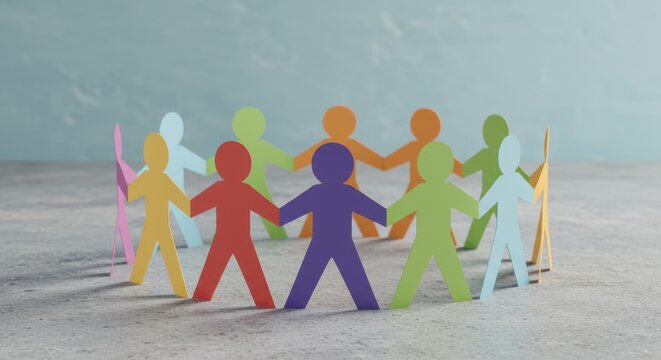 Paper people chain depicts teamwork unity diversity inclusion global connection and vibrant colors for community collaboration