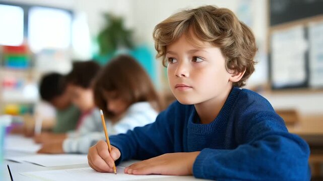 Vibrant primary school setting with young students engaged in homework activities, representing education, learning, childhood development, concentration, academic growth and student success