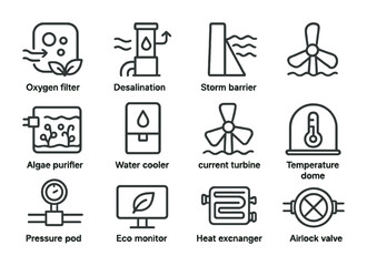 Climate Adaptation Icons. Outline icon set of climate adaptation systems: oxygen filter, desalination pump,