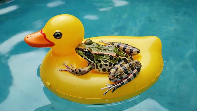 Realistic frog sitting on a pool float, cool summer vibe, bright reflections on water, playful and humorous composition
