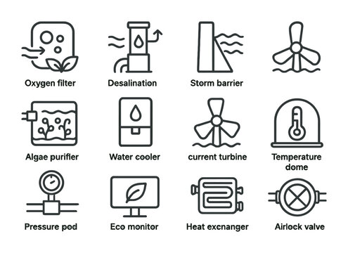 Climate Adaptation Icons. Outline icon set of climate adaptation systems: oxygen filter, desalination pump,