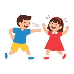 Playful Interaction: Two children, a boy and a girl, joyfully engaged in a lively game, with vibrant colors. capturing their pure energy and the joy of friendship.