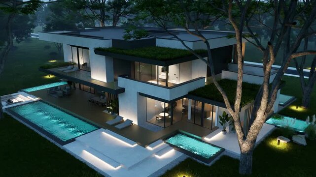 4K video rendering of two-story house with parking and pool for sale or rent with concrete facade and beautiful landscaping. Clear summer night with many stars on the sky.