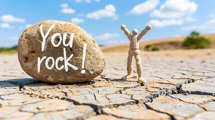 rock with the words "You rock!" stands on cracked dry ground with a small wooden figure raising its arms beside it.