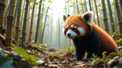 Fototapeta premium Red Panda in Misty Bamboo Forest