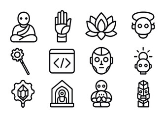 Fototapeta premium Futuristic Robotic Icons. Outline icon set of robotic spirituality: robotic monk, chrome hand blessing, steel