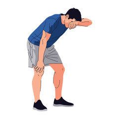 Exhausted Athlete: A fatigued athlete rests, hand on head, a moment of reflection, embodying the physical exertion, training, endurance.