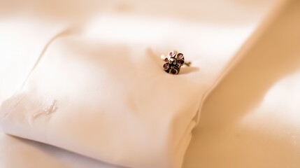 Obraz premium White shirt with black-red-gold lapel pin, shallow focus on blurred Brandenburg Gate in morning light.