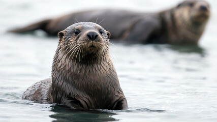 Sea otters swimming in the water. Ai