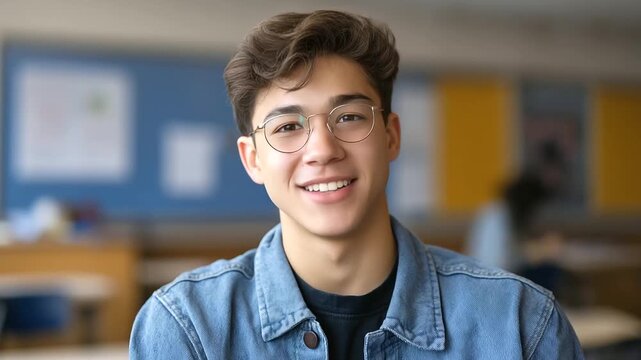 Contemporary classroom setting with a self-assured teenage student wearing glasses sitting attentively, representing education, confidence, concentration, youth empowerment, learning and academic 