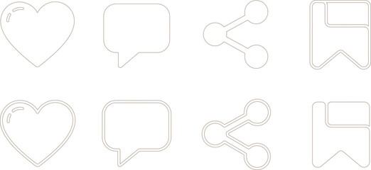 Minimalist Line Art Icons Heart, Speech Bubble, Share, and Bookmark on White