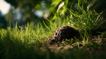 Fototapeta premium Molehill in green yard grass 