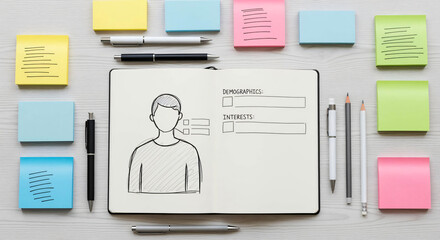 Persona Sketch in Open Notebook with Colorful Sticky Notes